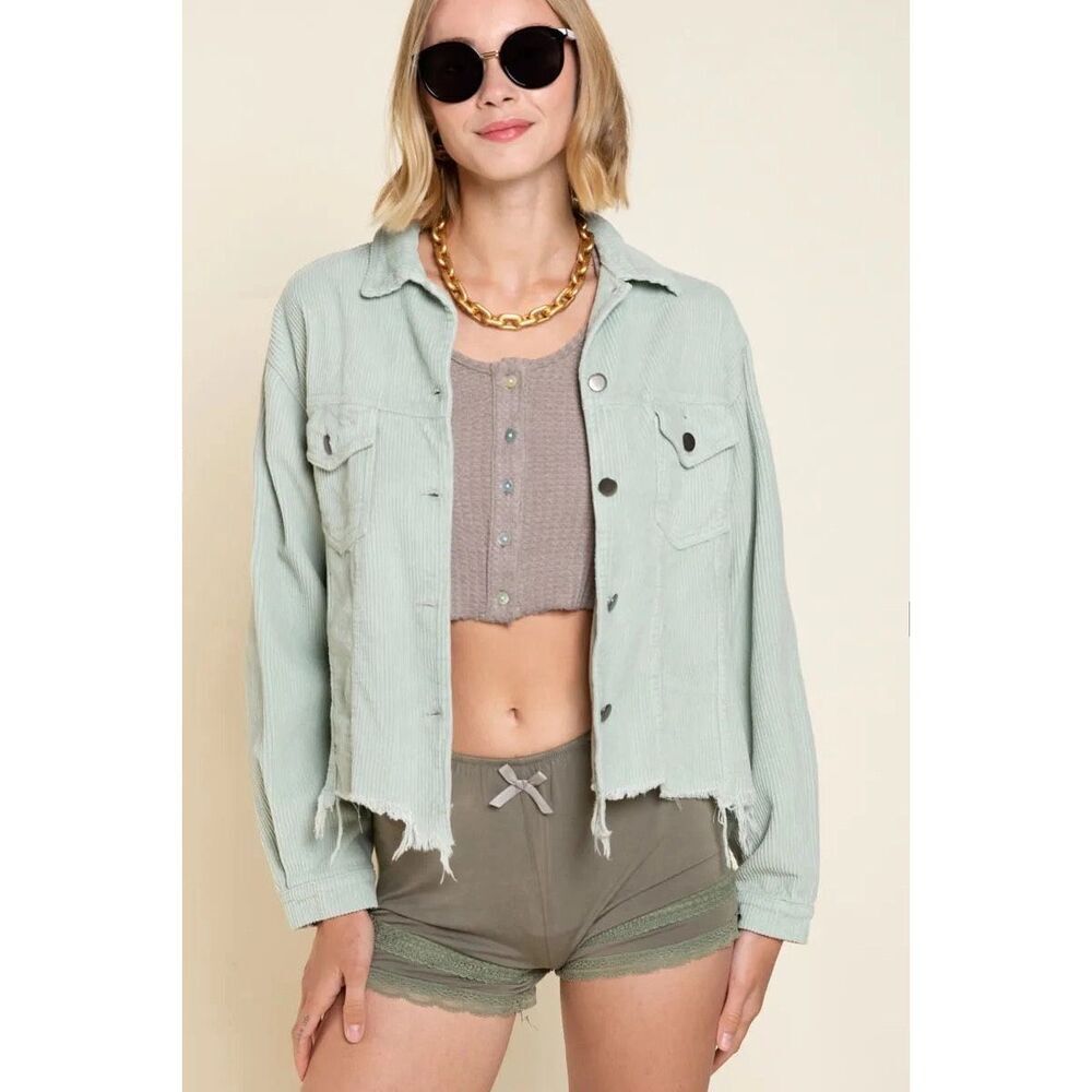 POL Raw Hem Cropped Corduroy Trucker Jacket in Sage Green Size L